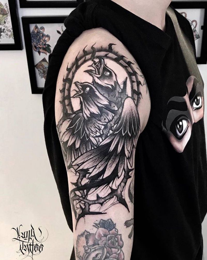 乌鸦纹身图片_手臂New School乌鸦暗黑纹身图案