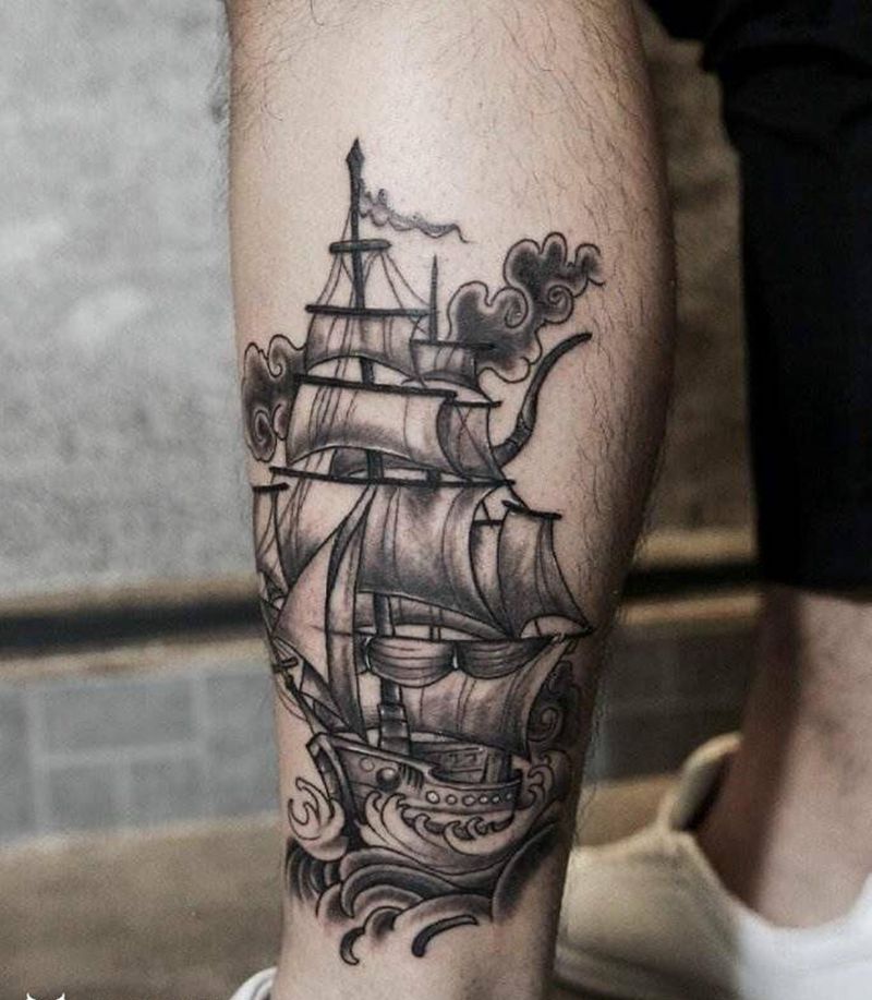 帆船纹身图片_腿部欧美写实纹身图案