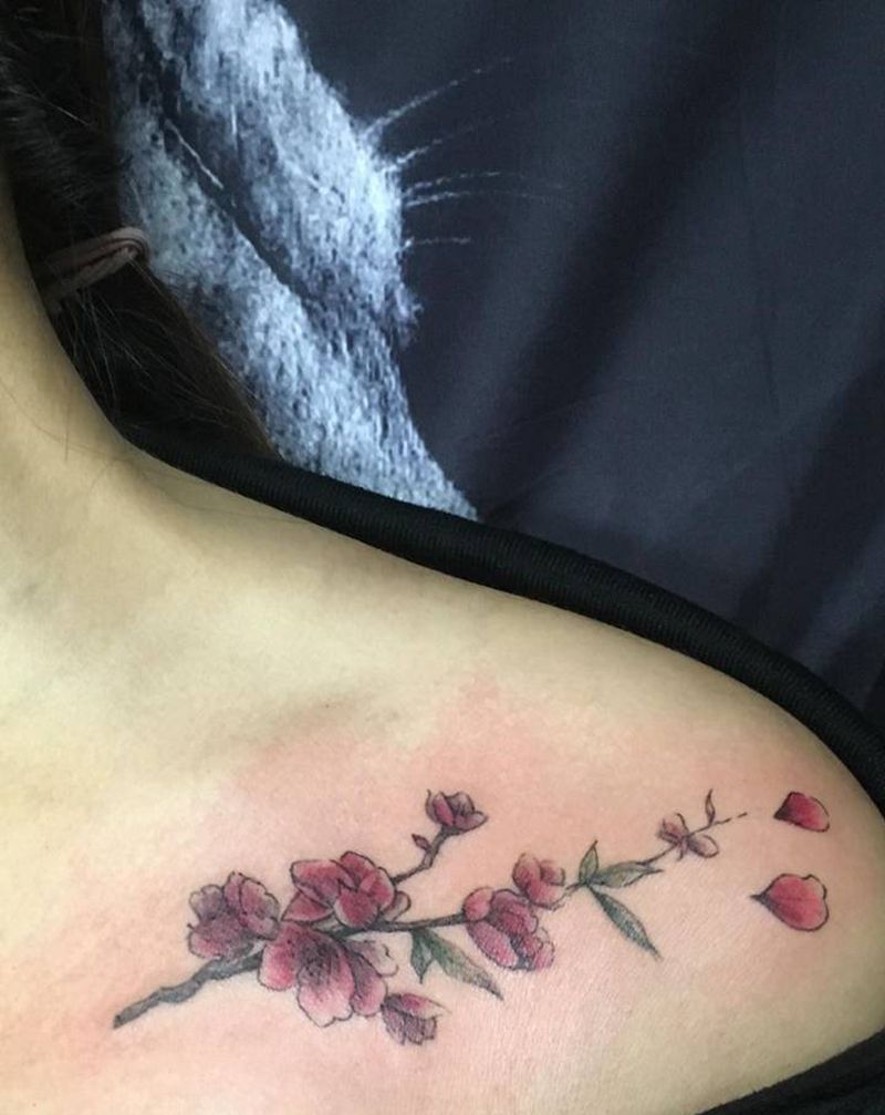 梅纹身图片_胸部肩部新传统水彩纹身图案