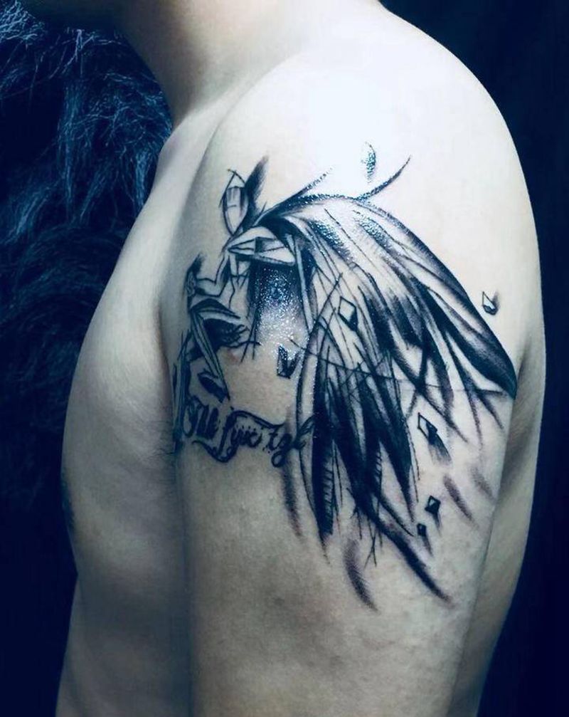 天使纹身图片_手臂水墨几何纹身图案