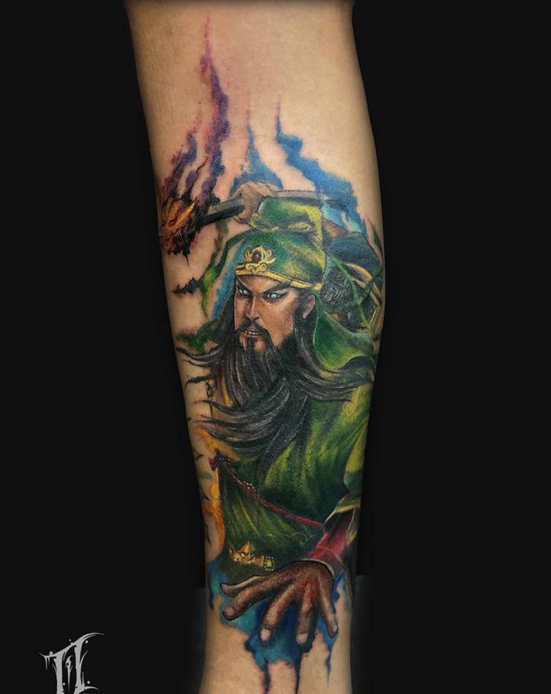 关帝纹身图片_脚部水墨泼墨纹身图案