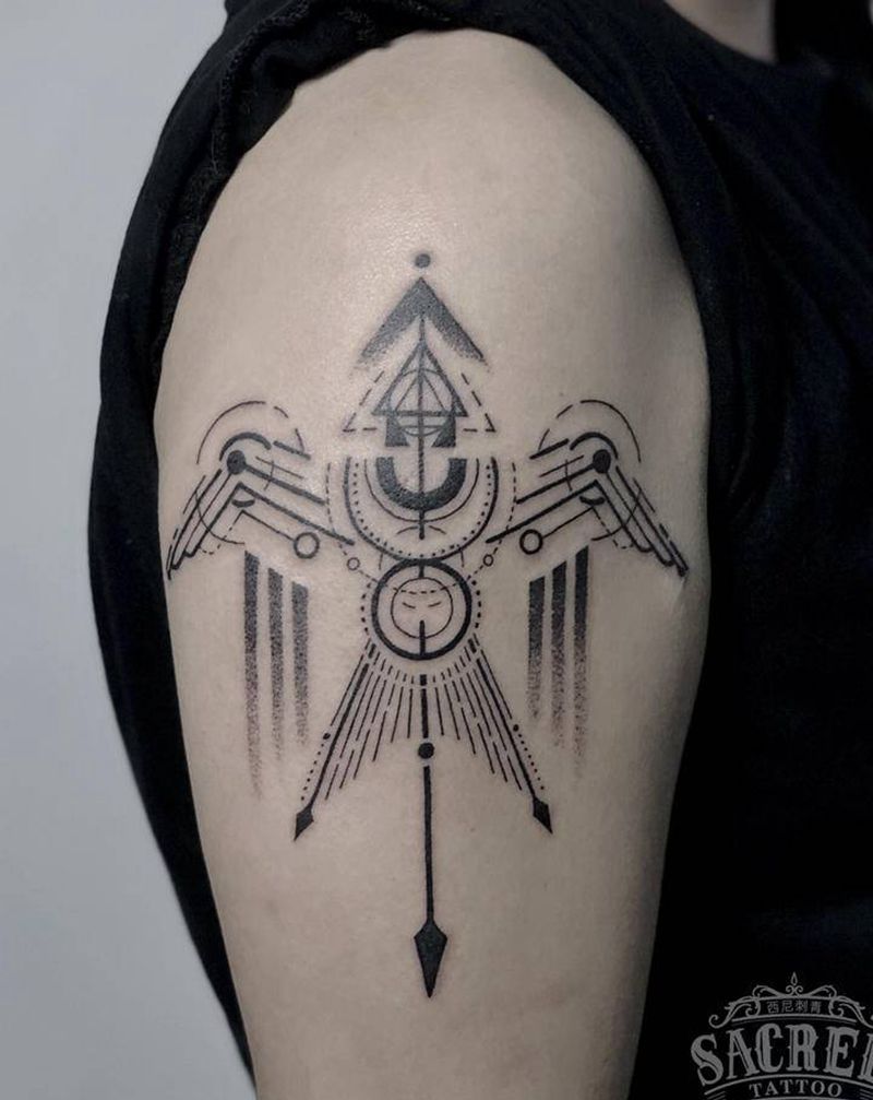 几何纹身图片_手臂几何燕子纹身图案