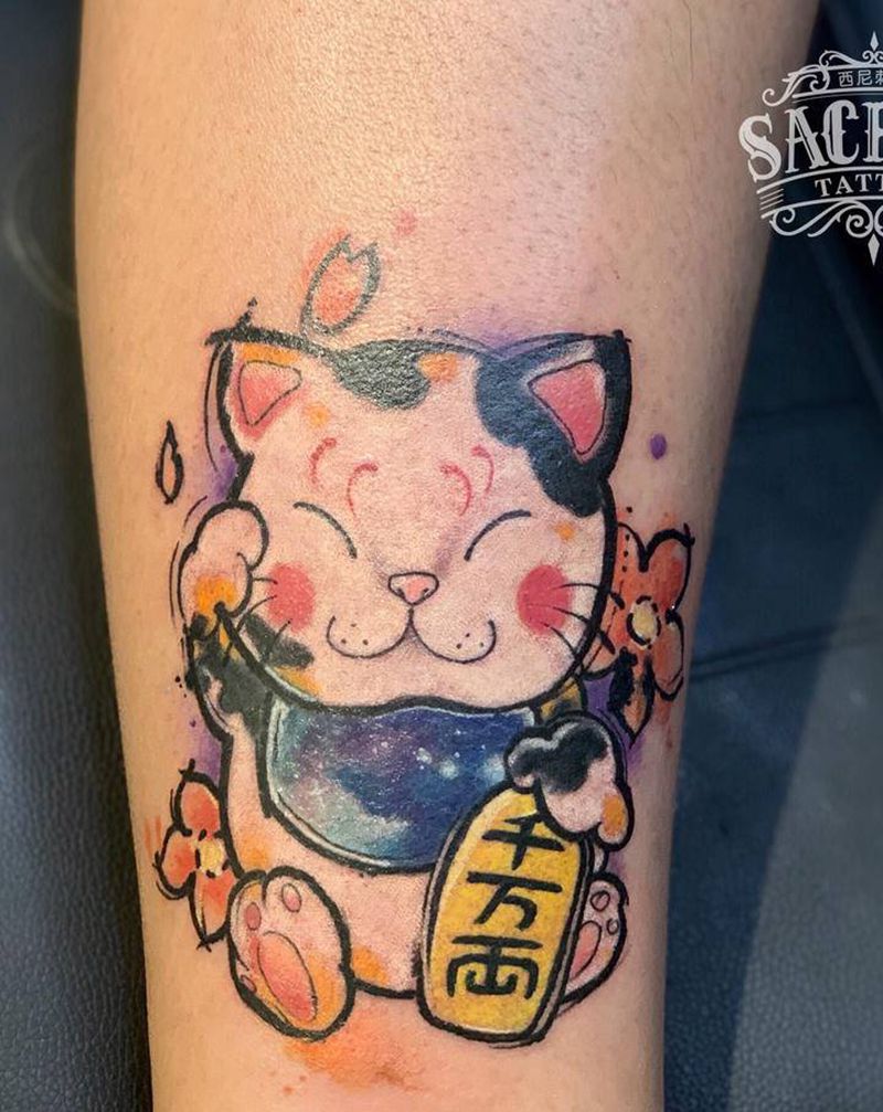 招财猫纹身图片_手臂水彩招财猫纹身图案