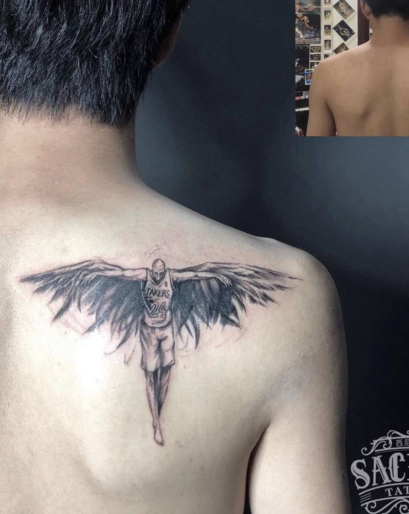 科比(遮盖)纹身图片_背部天使科比纹身图案