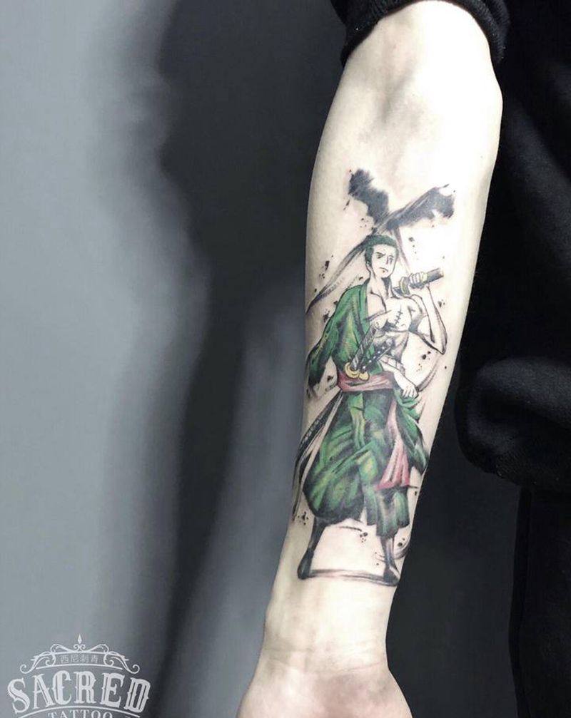 索隆纹身图片_手臂手部水墨索隆海贼王纹身图案