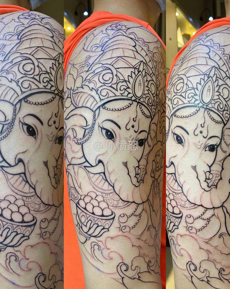 #传统象神纹身图片_传统花臂包臂纹身图案