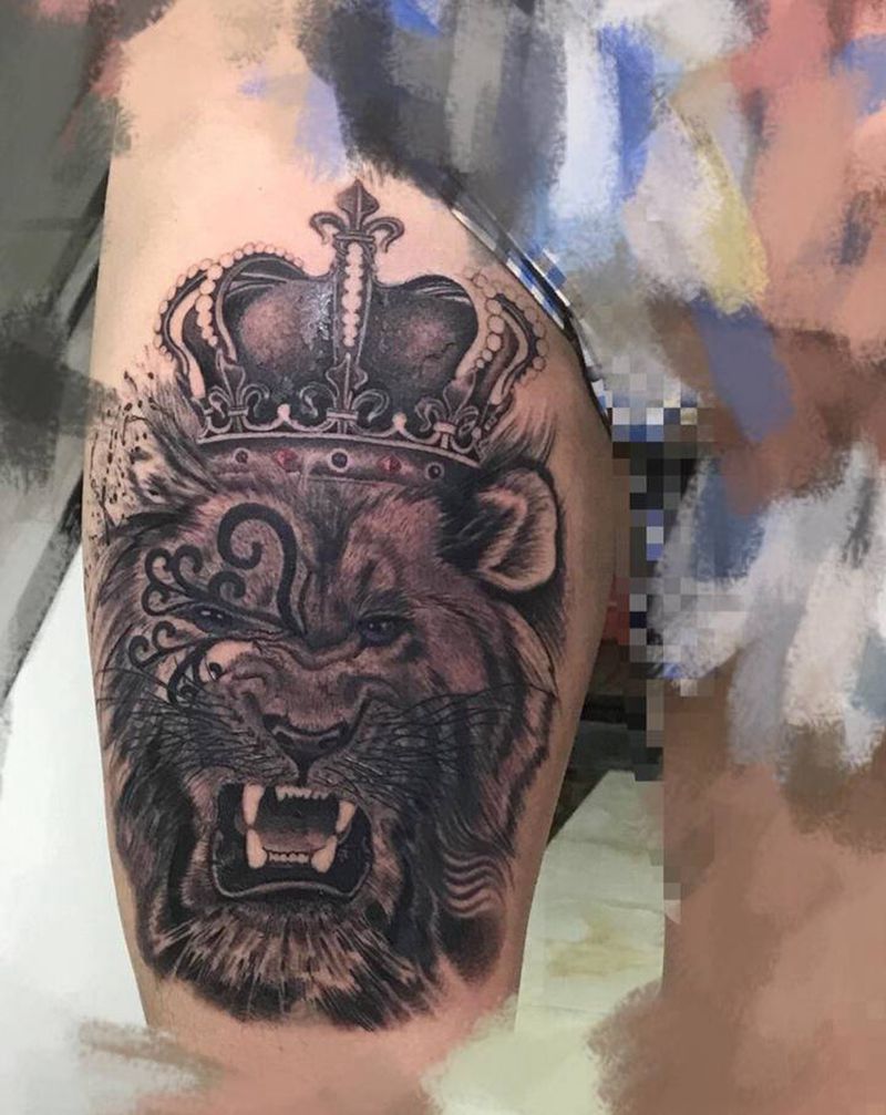 狮子王，未完待续纹身图片_腿部欧美写实图腾排针做毛发圆3打雾狮脸点刺纹身图案