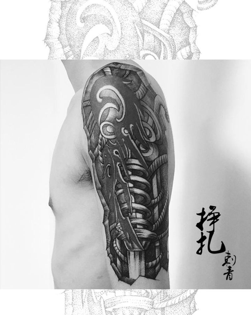 空谈纹身图片_手臂点刺甩针机械纹身图案