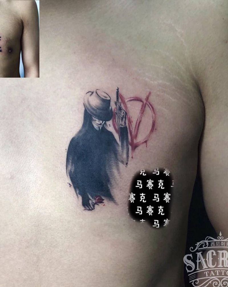 V字仇杀队(遮盖)纹身图片_胸部欧美写实遮盖覆盖纹身图案