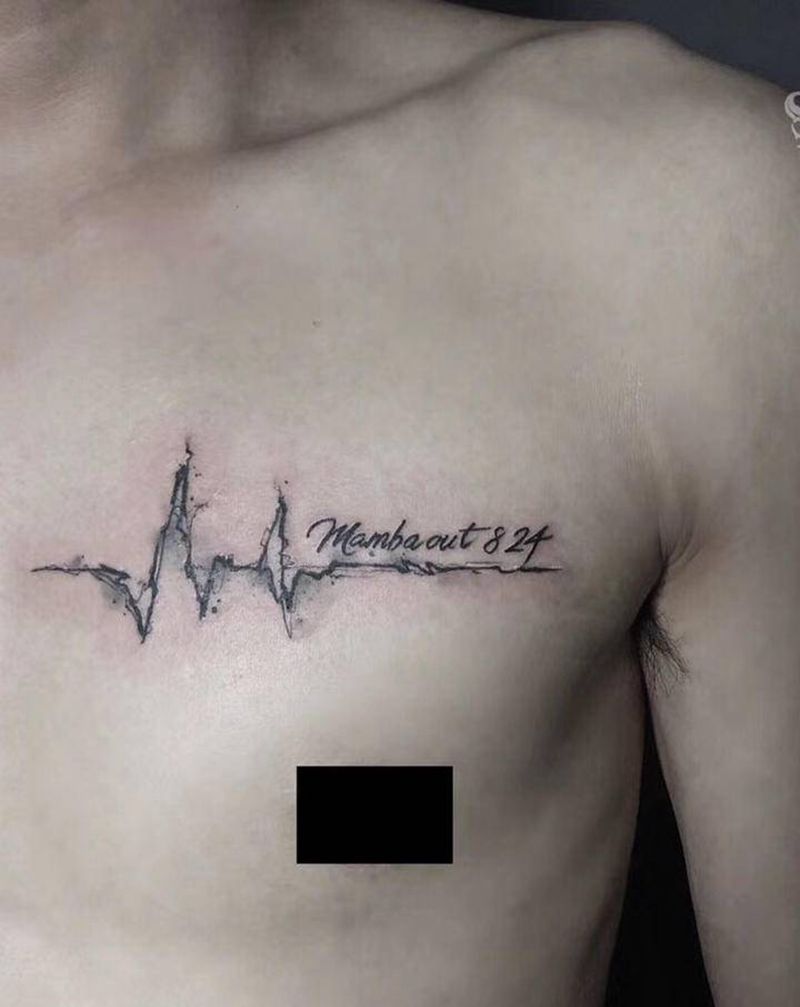 心电图纹身图片_胸部水墨纹身图案