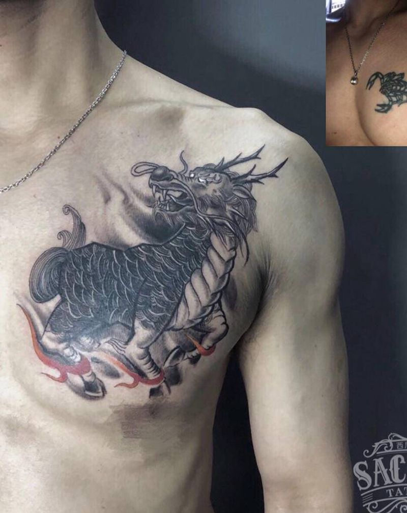 麒麟(遮盖)纹身图片_胸部新传统纹身图案