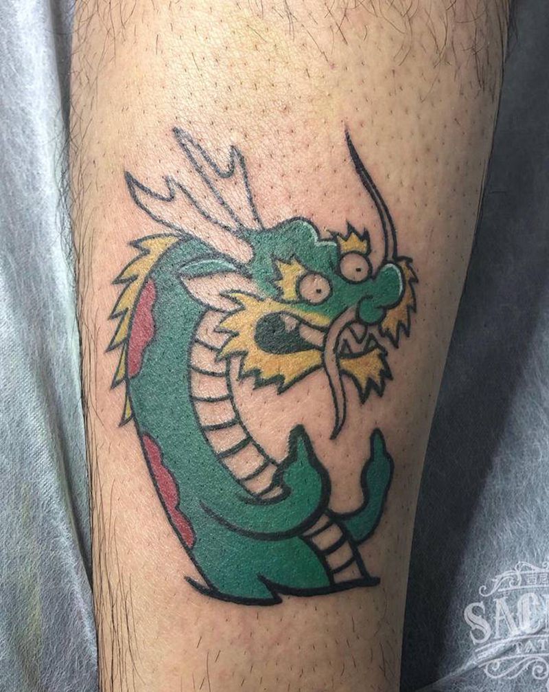 卡通龙纹身图片_腿部Old School龙卡通纹身图案