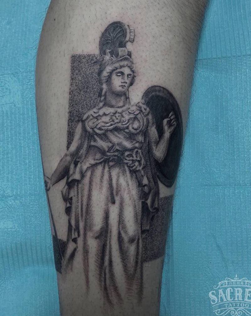 雅典娜纹身图片_腿部点刺欧美写实纹身图案