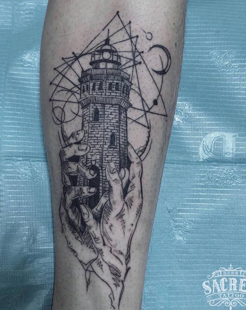 灯塔纹身图片_腿部几何速写手纹身图案