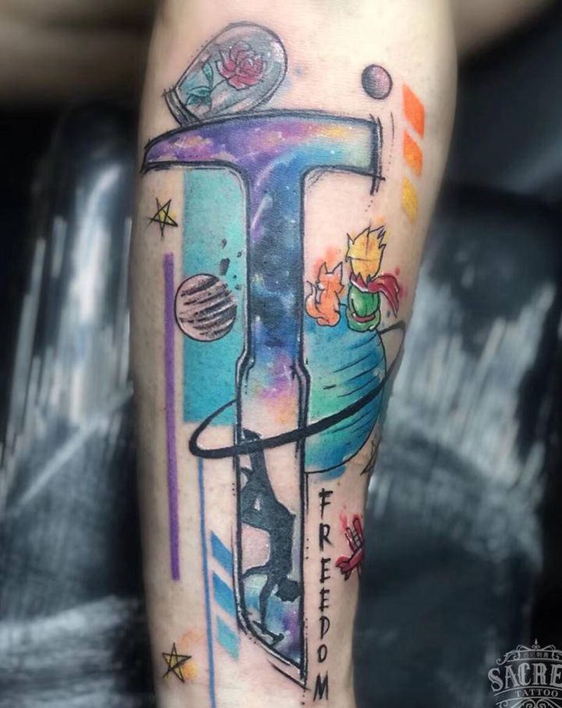 星河（遮盖修改）纹身图片_腿部水彩星球纹身图案