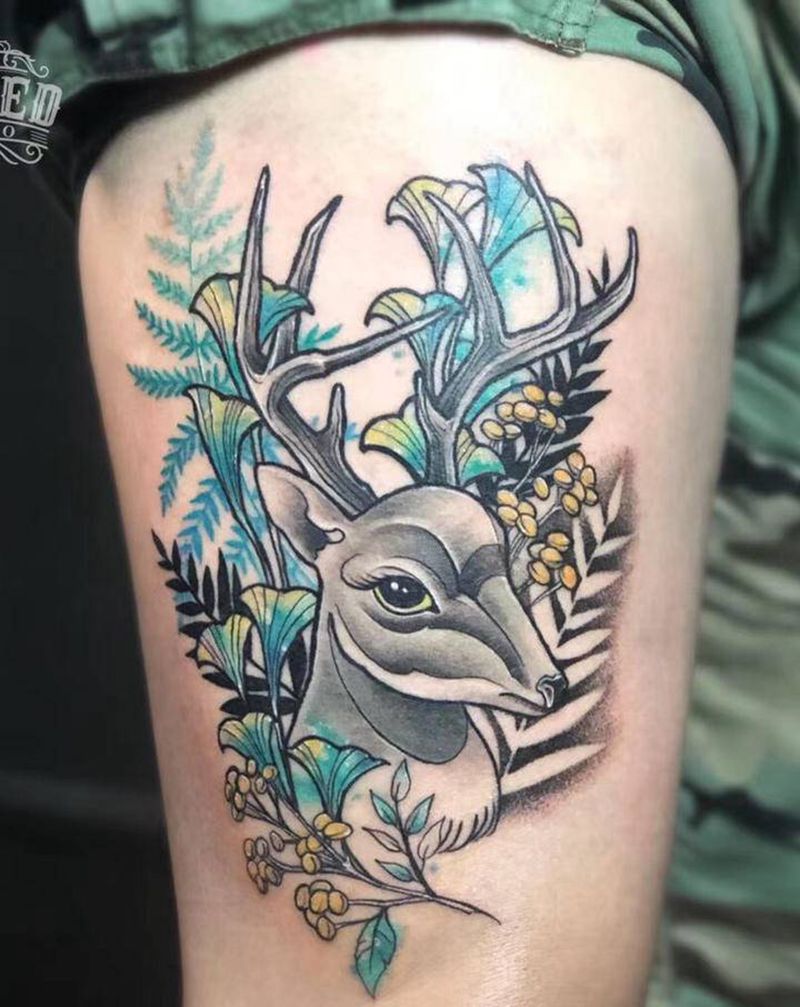 鹿纹身图片_腿部欧美写实植物纹身图案