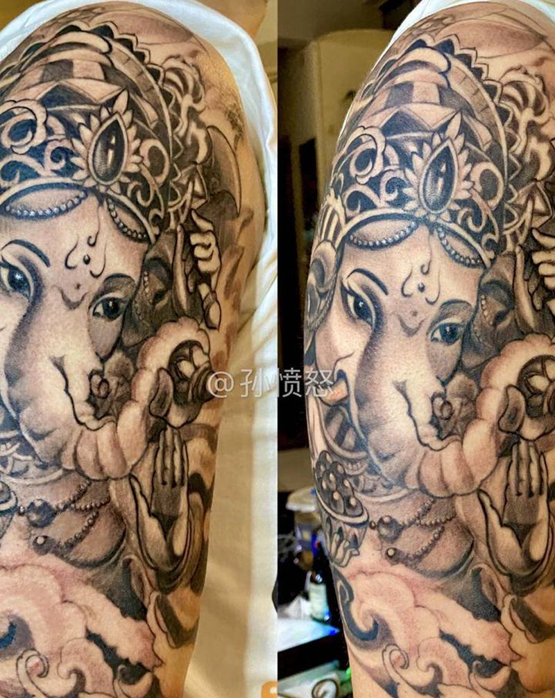 #象神完成纹身图片_手臂传统象神纹身图案