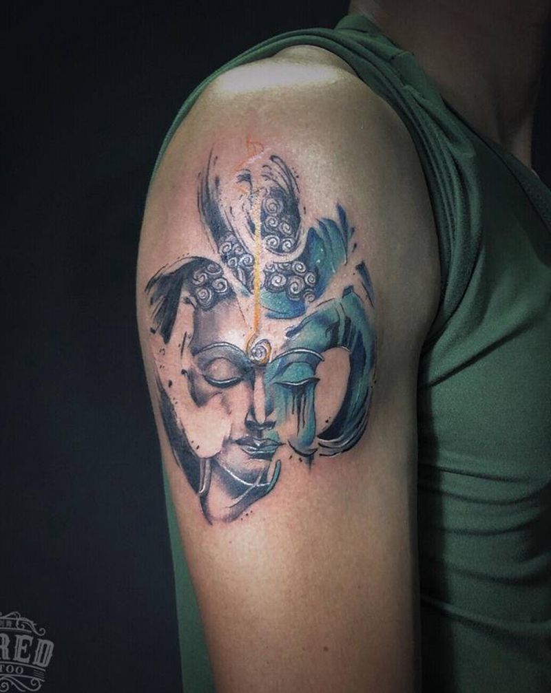 佛首纹身图片_手臂水墨水彩佛纹身图案