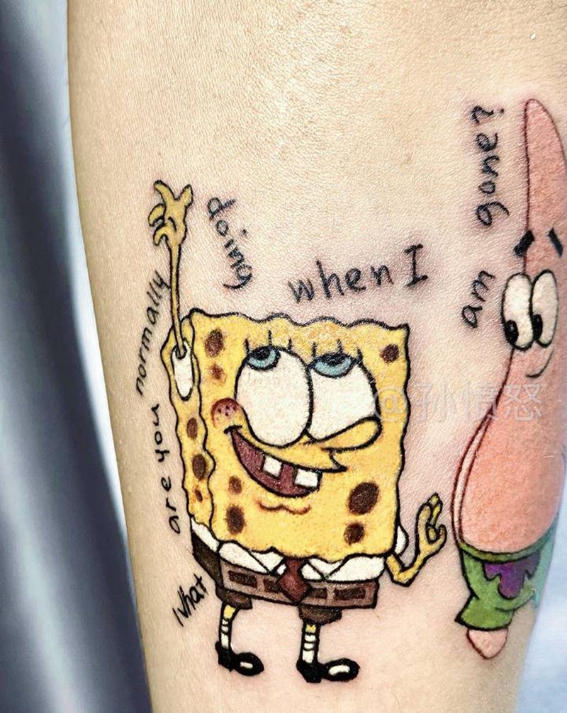 #派大星X海绵宝宝～纹身图片_手部彩色纹身图案