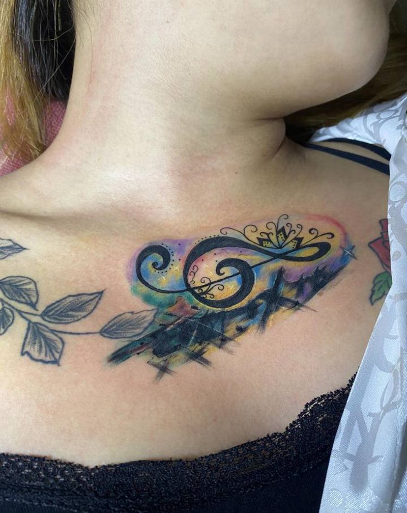 音乐符号。纹身图片_胸部新传统纹身图案