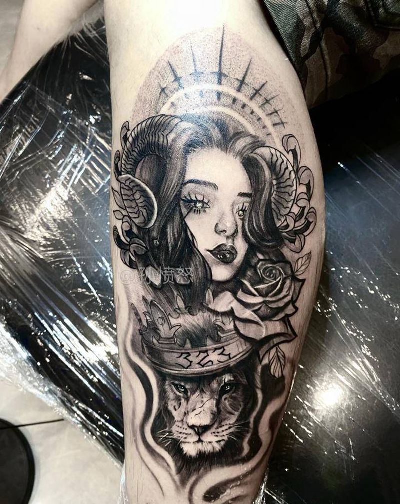 白羊与狮子纹身图片_腿部欧美写实纹身图案