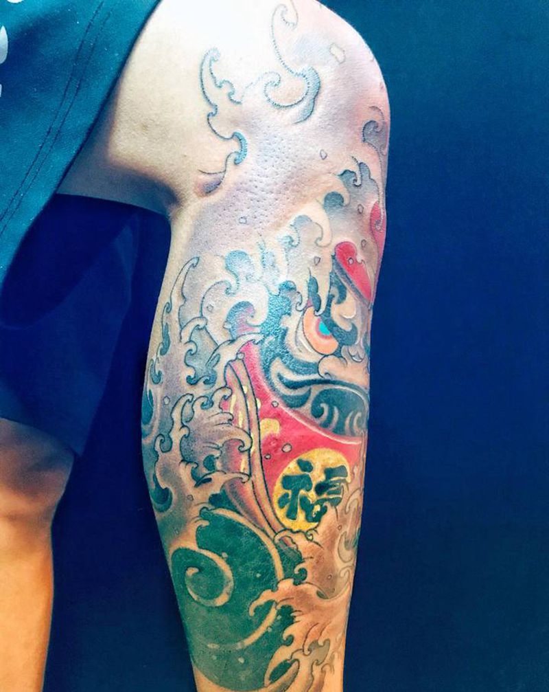 海中达摩蛋纹身图片_腿部新传统纹身图案