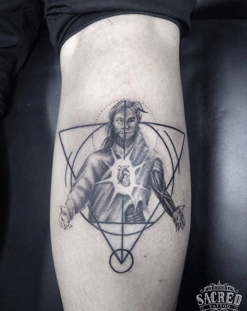 双生纹身图片_脚部腿部几何上帝恶魔纹身图案