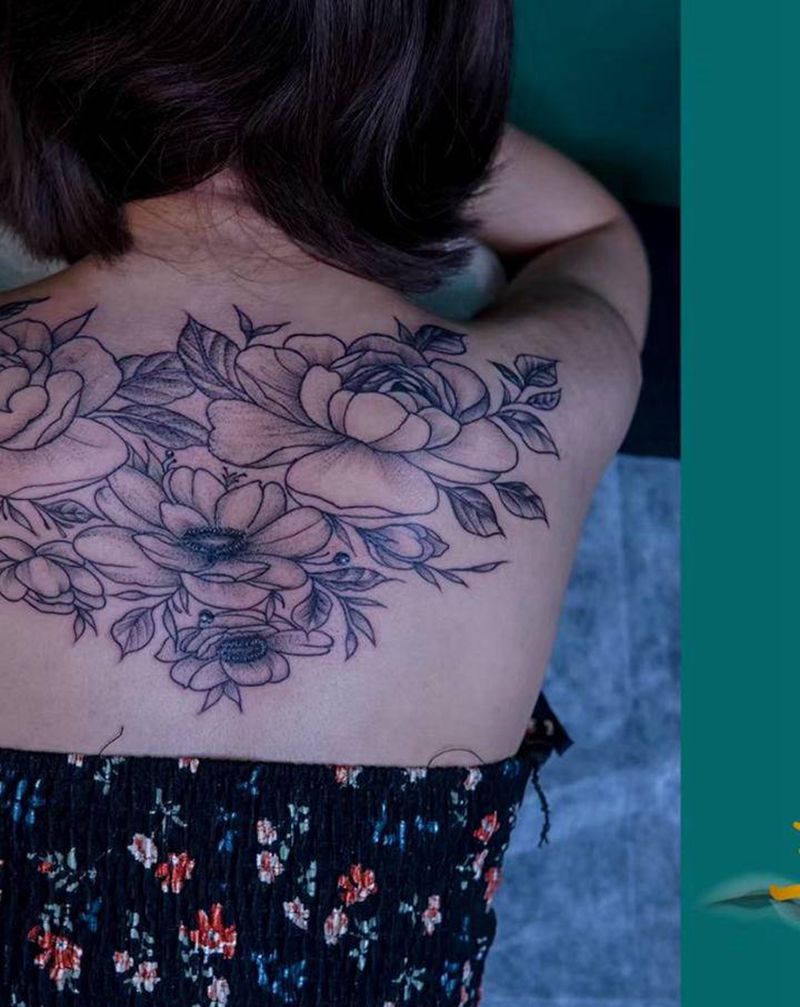 后背素花纹身图片_背部新传统纹身图案