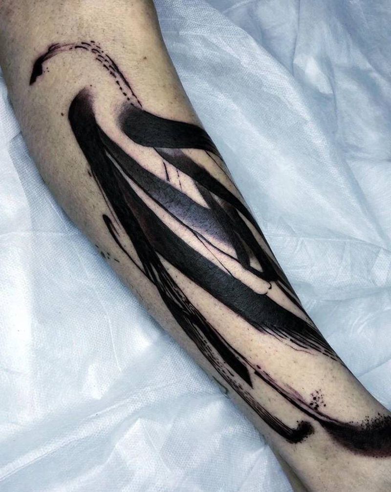 泼墨书法纹身图片_腿部水墨纹身图案