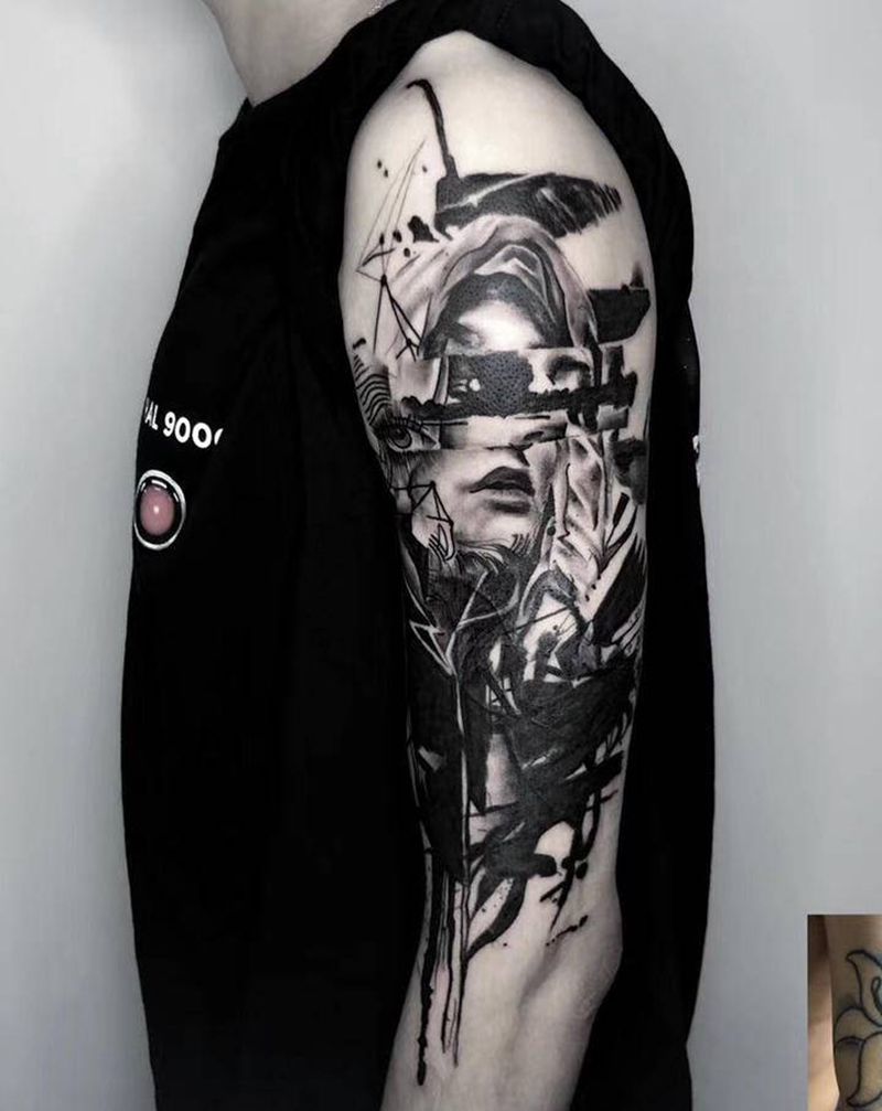 泼墨写实遮盖纹身图片_手臂水墨欧美写实纹身图案