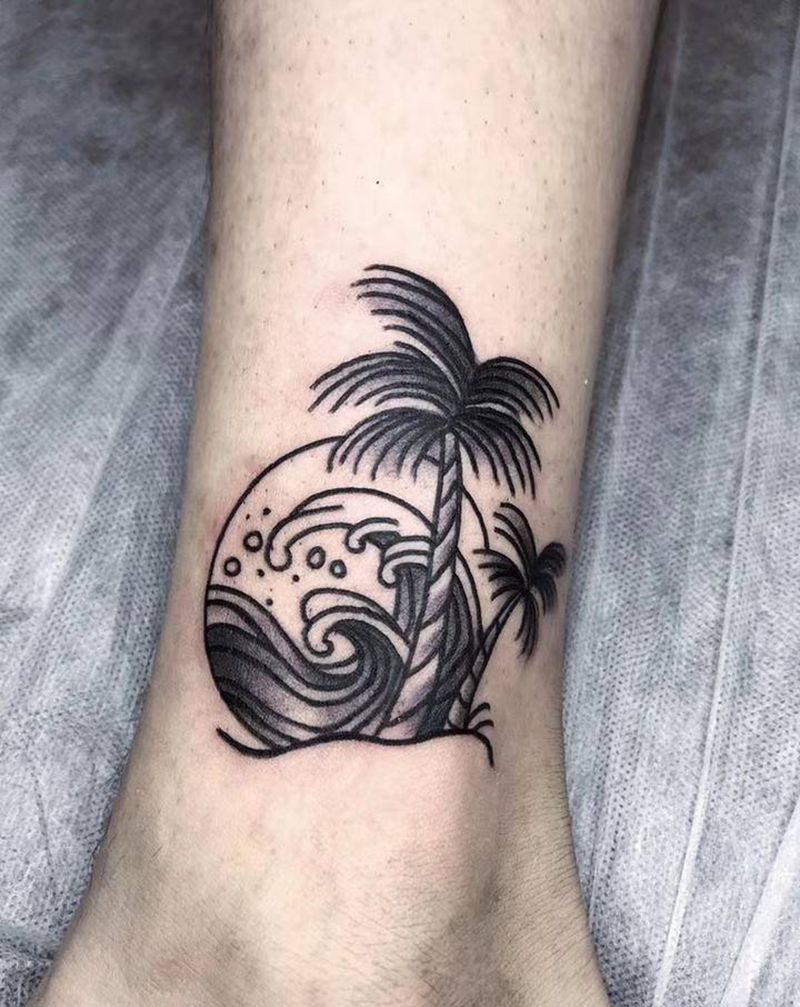 椰树海浪纹身图片_Old School纹身图案