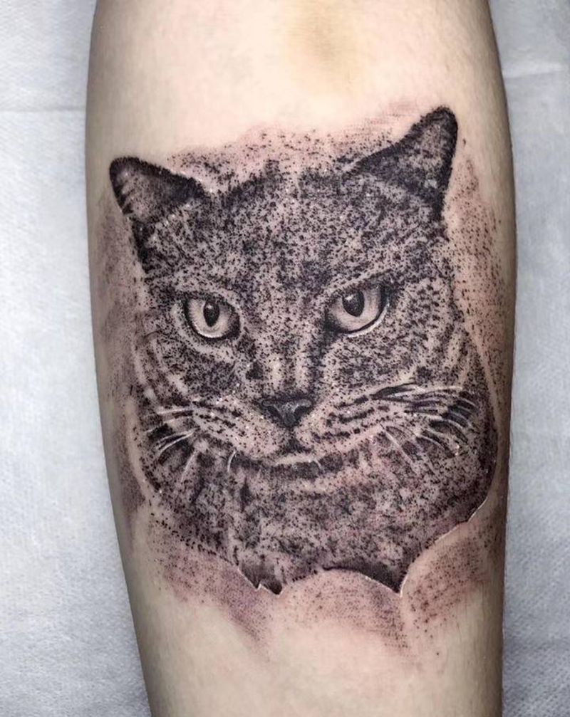 点刺猫纹身图片_手臂点刺欧美写实纹身图案