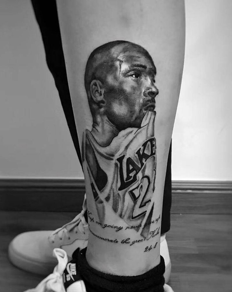 科比肖像纹身图片_腿部欧美写实纹身图案