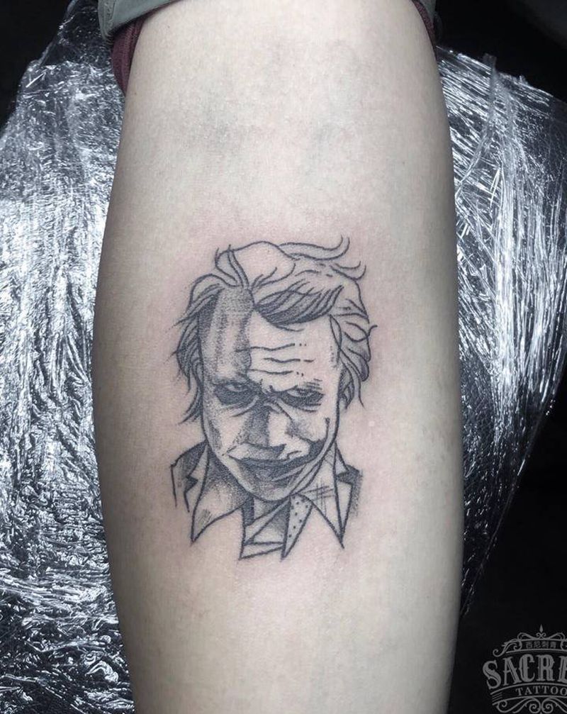 简笔画小丑纹身图片_手臂几何速写Joker纹身图案