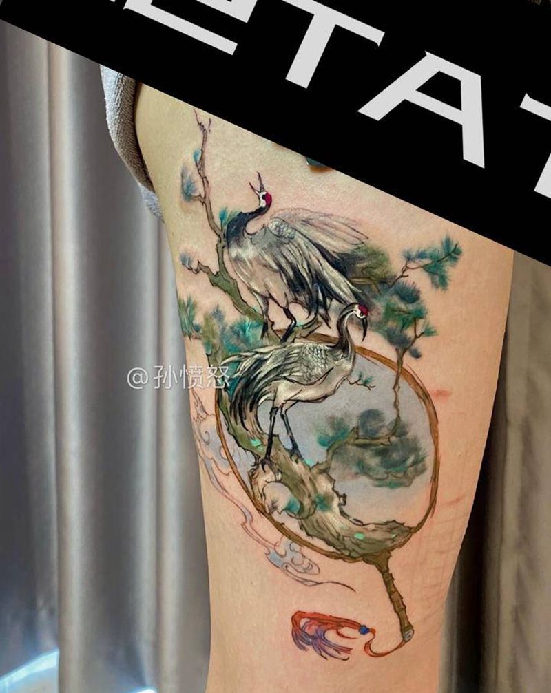 ｜一扇松鹤 梦长春｜纹身图片_腿部水彩水墨纹身图案