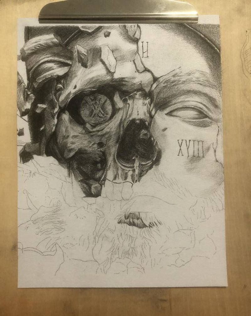 骷髅石像画稿纹身图片_欧美写实纹身图案