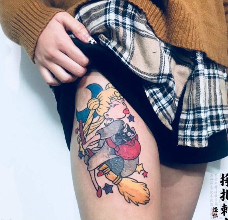 【捉紧美少女】纹身图片_脚部腿部水彩New School美少女卡通可爱纹身图案