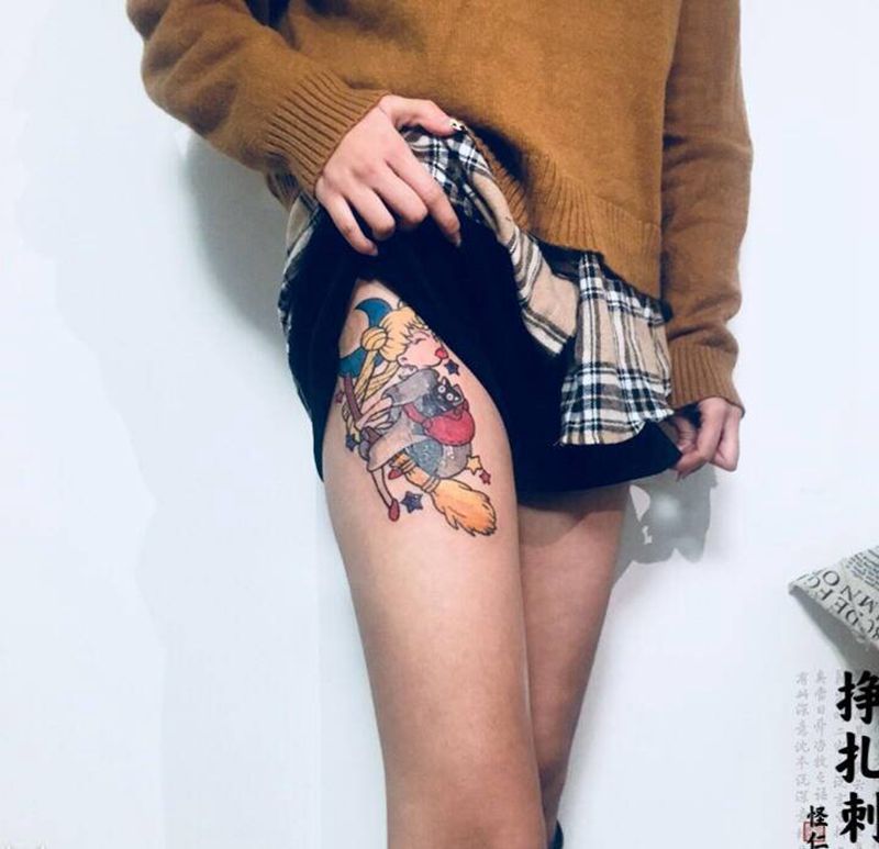 【美少女】纹身图片_腿部卡通美少女纹身图案