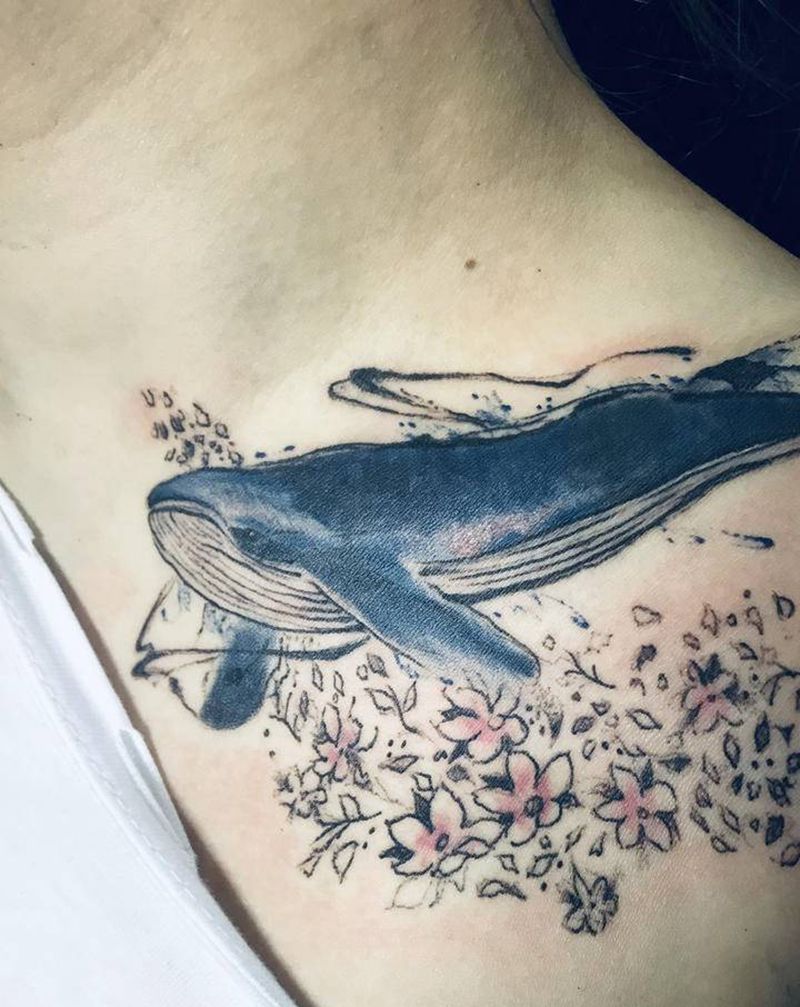 鲸鱼遮盖纹身图片_肩部水墨水彩纹身图案