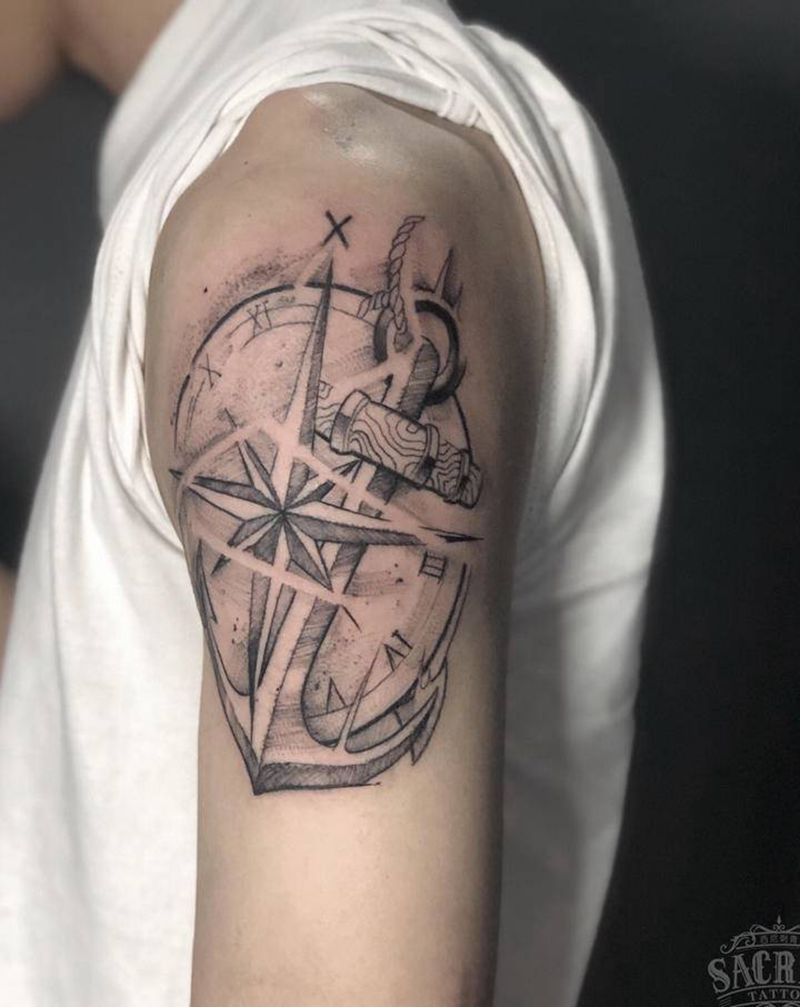 指南针&船锚纹身图片_手臂水墨点刺单针素描纹身图案