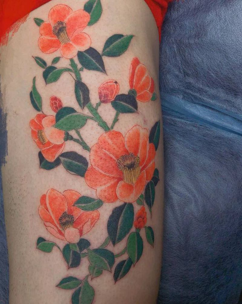 花纹身图片_腿部新传统纹身图案