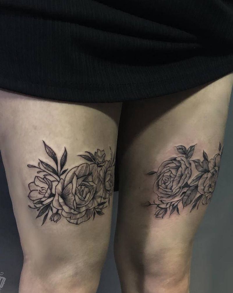 素花纹身图片_腿部小清新纹身图案