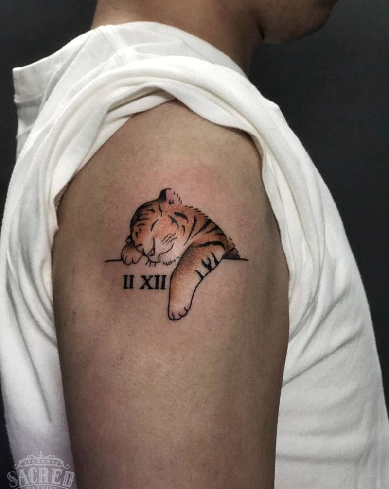 小老虎纹身图片_手臂水彩小清新纹身图案