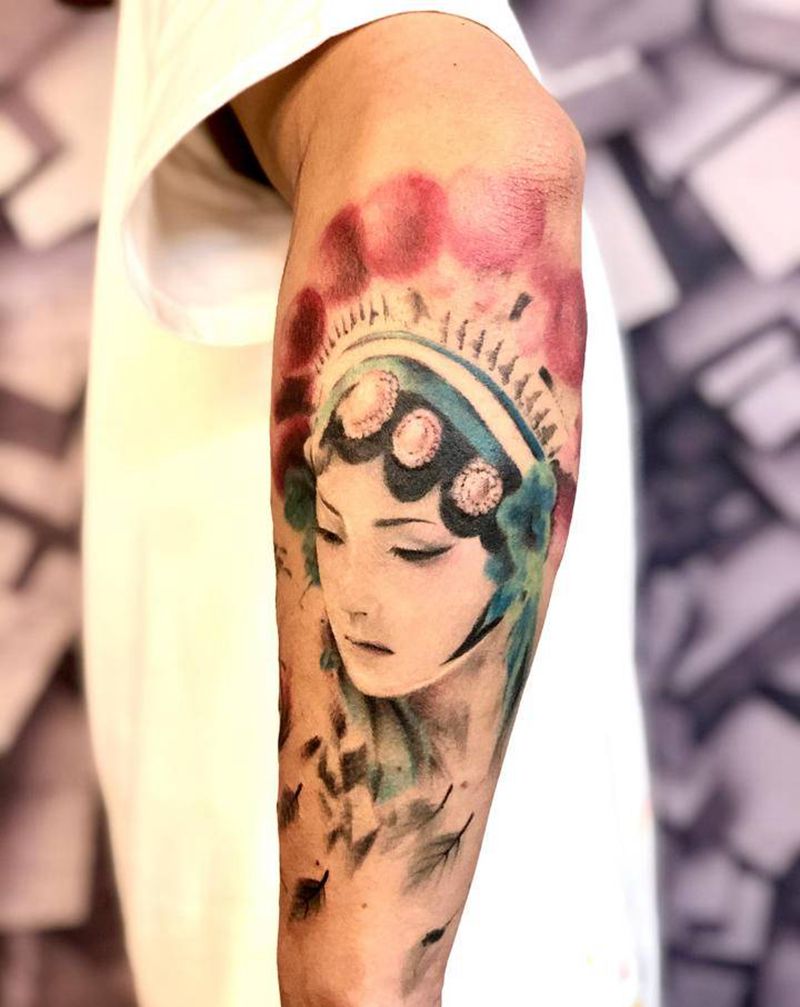 水彩花旦纹身图片_手部水彩纹身图案