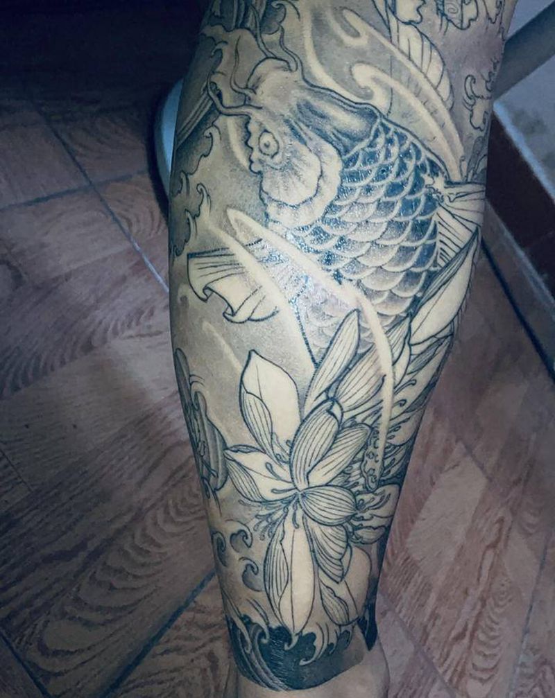 鹤与鲤鱼纹身图片_腿部新传统纹身图案