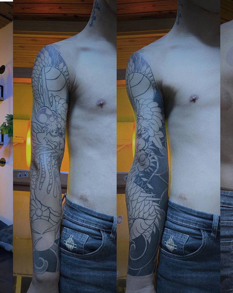 花臂黑灰部分结束纹身图片_手臂手部新传统纹身图案