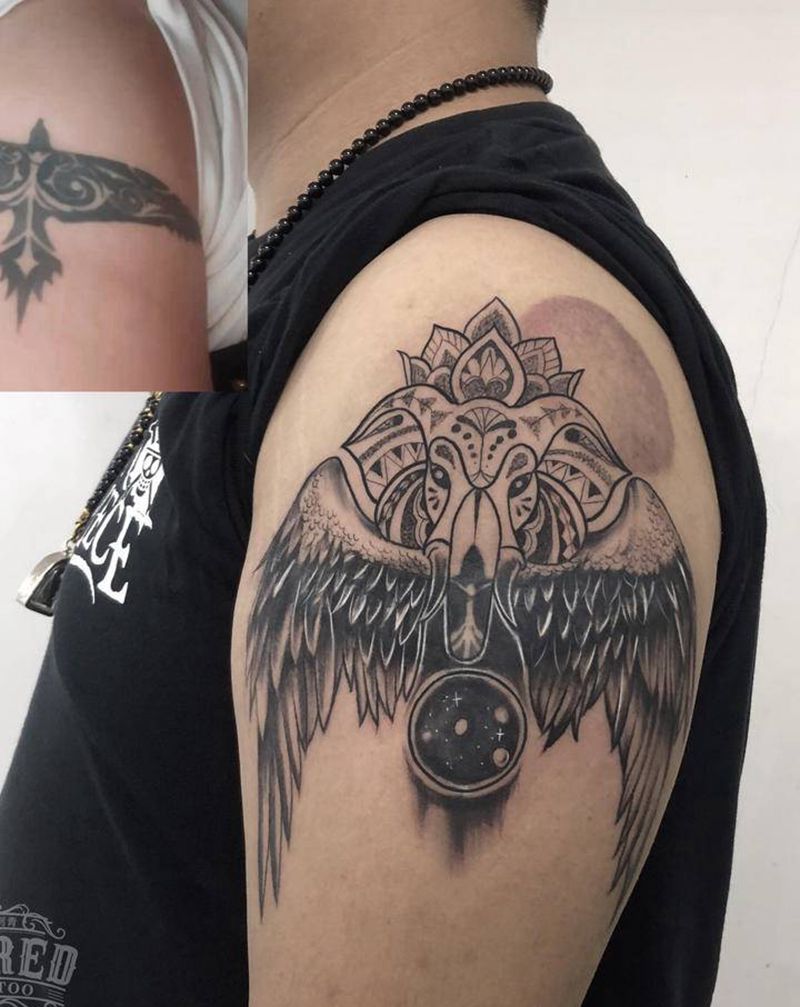 象神（遮盖）纹身图片_手臂欧美写实几何翅膀象神纹身图案