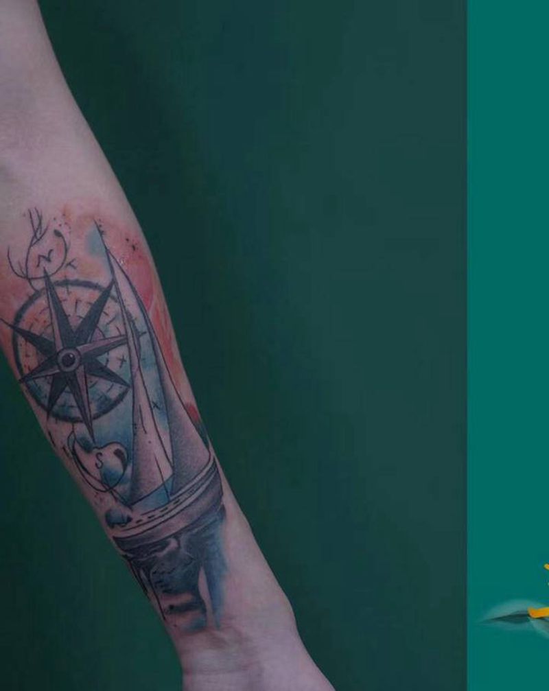 水彩船帆纹身图片_手臂纹身图案