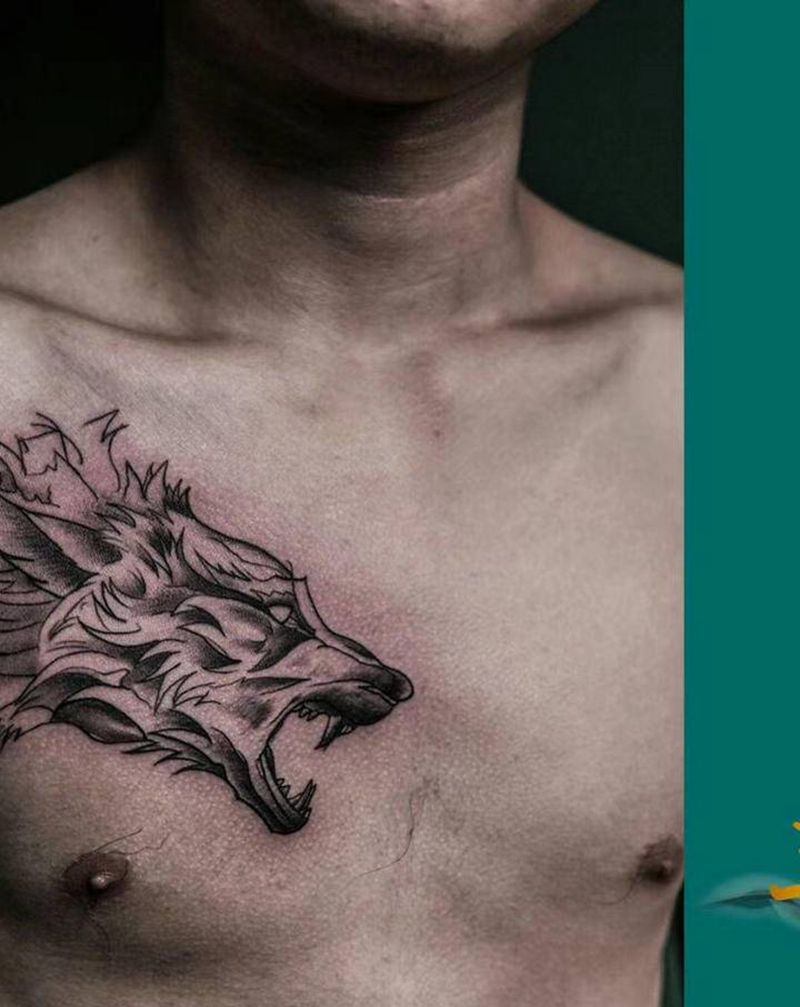 狼头纹身图片_胸部点刺纹身图案