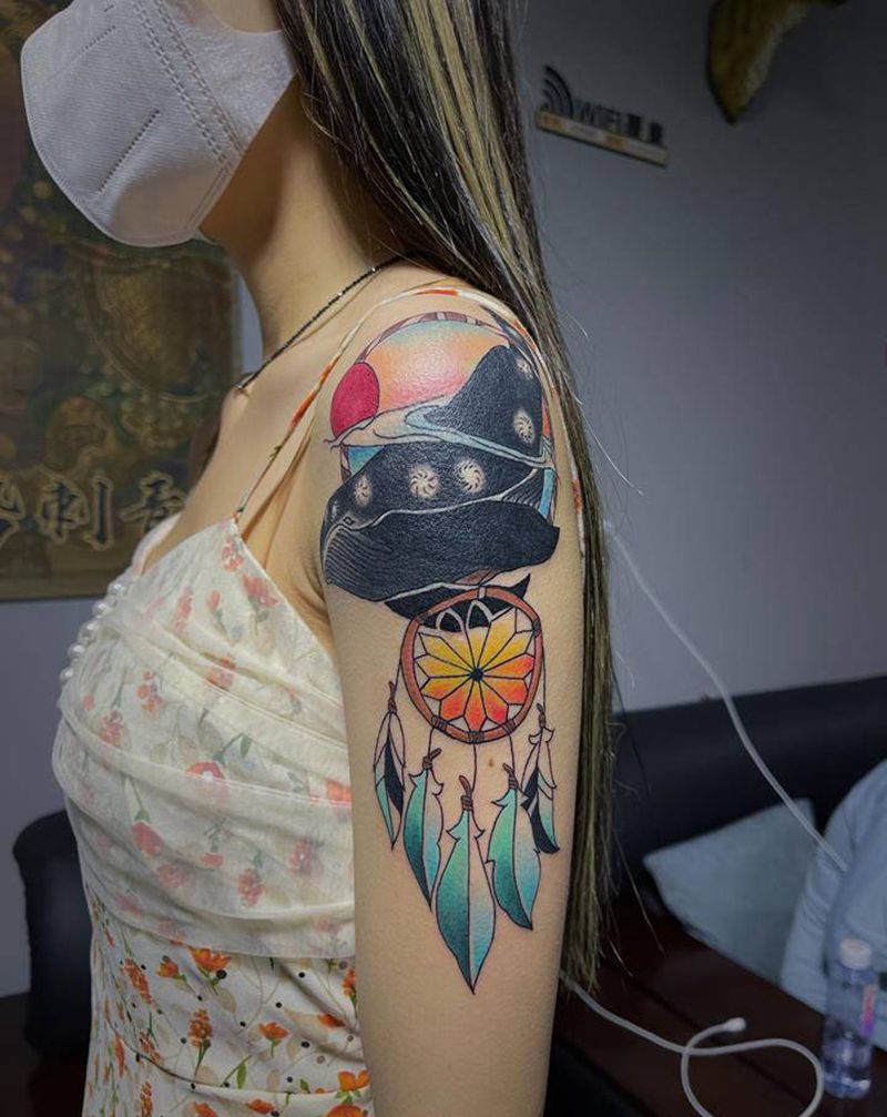 鲸鱼捕梦网遮盖纹身图片_手臂手部Old School水彩纹身图案